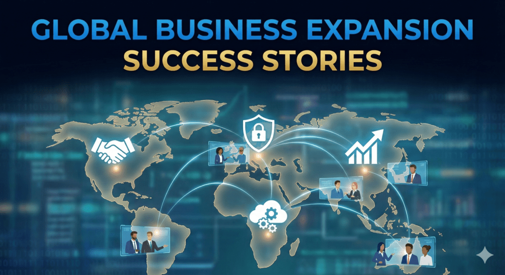A digital world map titled "Global Business Expansion Success Stories" against a high-tech blue background. Glowing network lines connect various continents, illustrating cross-border B2B trade. Floating digital screens show diverse business professionals engaging in international video meetings. Scattered across the map are white icons representing key marketplace features: a handshake for partnerships, a padlock shield for secure B2B payments and escrow, a cloud with gears for digital services, and an upward-trending graph for scaling and growth