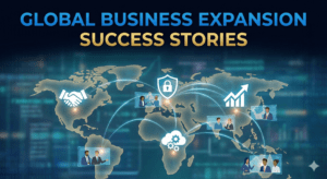 A digital world map titled "Global Business Expansion Success Stories" against a high-tech blue background. Glowing network lines connect various continents, illustrating cross-border B2B trade. Floating digital screens show diverse business professionals engaging in international video meetings. Scattered across the map are white icons representing key marketplace features: a handshake for partnerships, a padlock shield for secure B2B payments and escrow, a cloud with gears for digital services, and an upward-trending graph for scaling and growth