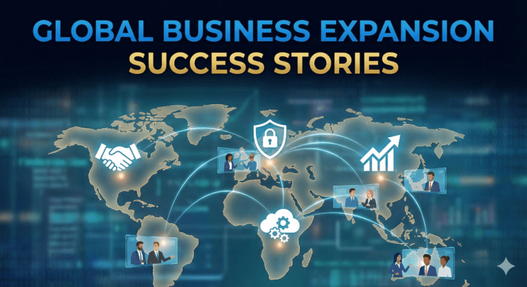A digital world map titled "Global Business Expansion Success Stories" against a high-tech blue background. Glowing network lines connect various continents, illustrating cross-border B2B trade. Floating digital screens show diverse business professionals engaging in international video meetings. Scattered across the map are white icons representing key marketplace features: a handshake for partnerships, a padlock shield for secure B2B payments and escrow, a cloud with gears for digital services, and an upward-trending graph for scaling and growth