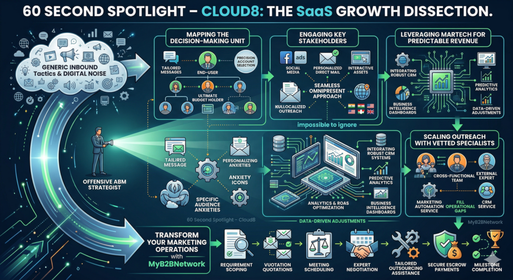 A B2B marketing team analyzing an Account-Based Marketing dashboard on a large screen, highlighting the growth strategies featured in the 60 second spotlight – Cloud8.