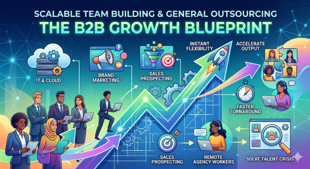A conceptual illustration visualizing Scalable Team Building & General Outsourcing as a B2B growth model.