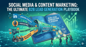 An illustration visualizing Social Media & Content Marketing as a funnel that transforms LinkedIn, podcasting, video, and influencer strategies into qualified B2B leads and closed deals.