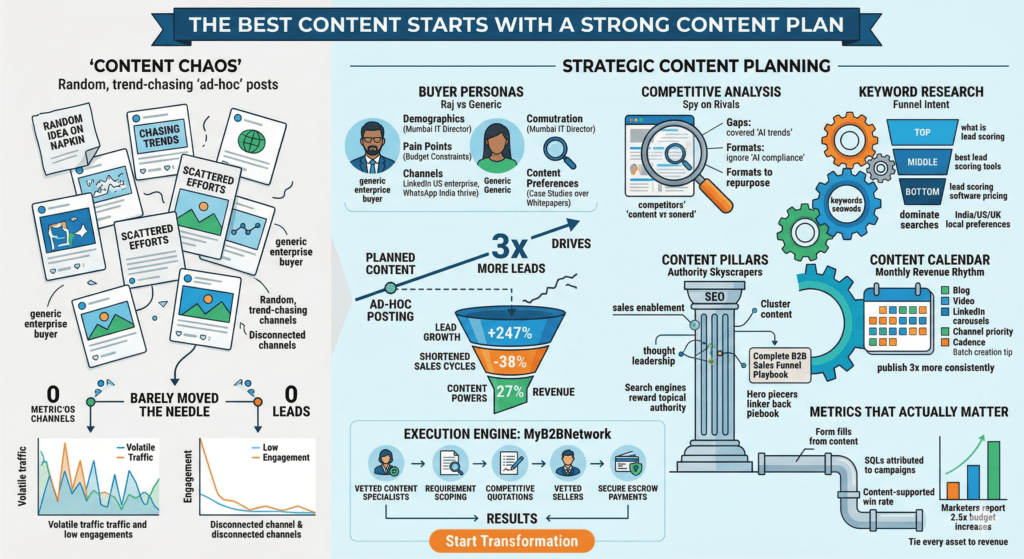 Visual roadmap showing strong content plan from buyer personas and keyword research to calendar and pillar strategy for B2B marketers.