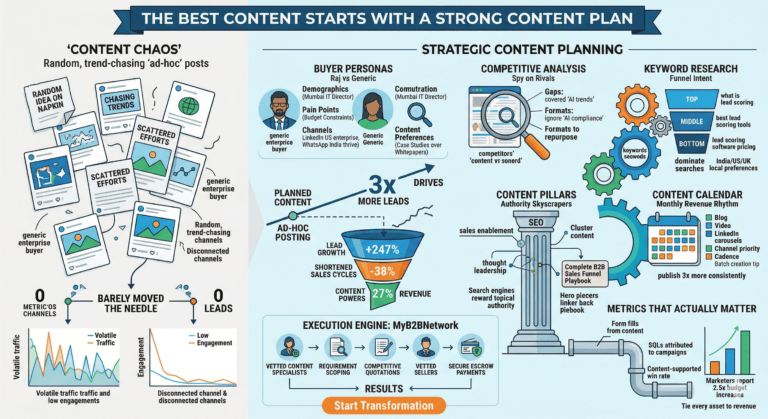 Visual roadmap showing strong content plan from buyer personas and keyword research to calendar and pillar strategy for B2B marketers.