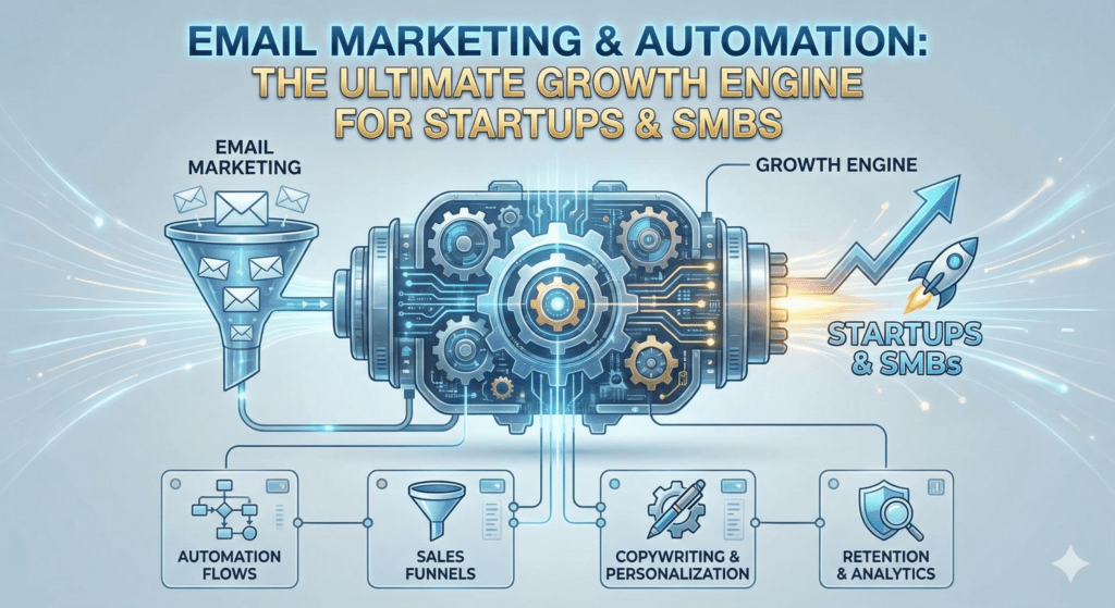 A digital infographic titled "Email Marketing Automation: The Ultimate Growth Engine for Startups & SMBs." The central graphic features a high-tech, glowing gear engine. On the left, a funnel labeled "Email Marketing" feeds email envelopes into the engine, which then powers a rising trend arrow and a rocket ship labeled "Startups & SMBs" on the right. Below the engine are four connected modules detailing key strategies: Automation Flows (flowchart icon), Sales Funnels (funnel icon), Copywriting & Personalization (pen and gear icon), and Retention & Analytics (shield and chart icon).