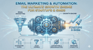 A digital infographic titled "Email Marketing Automation: The Ultimate Growth Engine for Startups & SMBs." The central graphic features a high-tech, glowing gear engine. On the left, a funnel labeled "Email Marketing" feeds email envelopes into the engine, which then powers a rising trend arrow and a rocket ship labeled "Startups & SMBs" on the right. Below the engine are four connected modules detailing key strategies: Automation Flows (flowchart icon), Sales Funnels (funnel icon), Copywriting & Personalization (pen and gear icon), and Retention & Analytics (shield and chart icon).