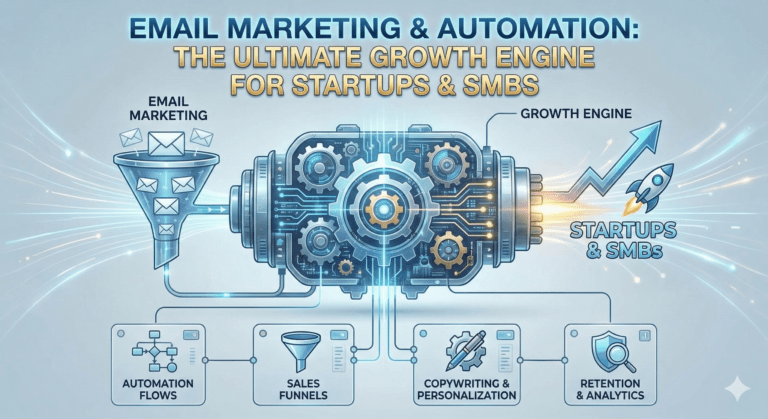 A digital infographic titled "Email Marketing Automation: The Ultimate Growth Engine for Startups & SMBs." The central graphic features a high-tech, glowing gear engine. On the left, a funnel labeled "Email Marketing" feeds email envelopes into the engine, which then powers a rising trend arrow and a rocket ship labeled "Startups & SMBs" on the right. Below the engine are four connected modules detailing key strategies: Automation Flows (flowchart icon), Sales Funnels (funnel icon), Copywriting & Personalization (pen and gear icon), and Retention & Analytics (shield and chart icon).