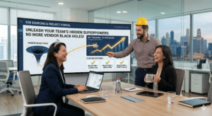 A CFO and a service provider analyzing a B2B sourcing strategy and task-based portal on a laptop to reduce operational bloat.
