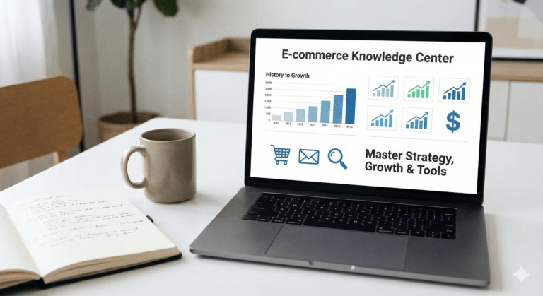A digital e-commerce knowledge dashboard showing growth charts, shopping cart icons, and marketing channel metrics for an online store.