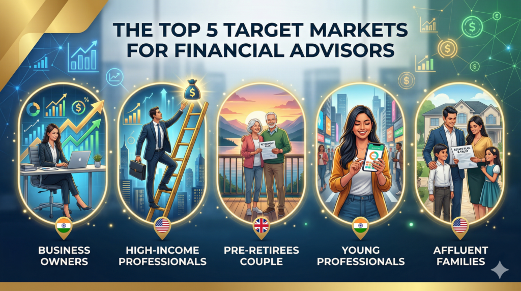 Infographic highlighting top 5 target markets for financial advisors including business owners, high-income professionals, and pre-retirees with global map overlay.