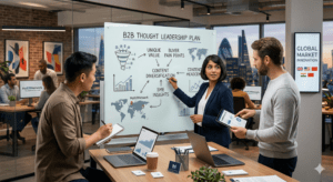 A marketing strategist mapping out content pillars on a whiteboard, demonstrating how to create a B2B thought leadership plan to build brand authority.