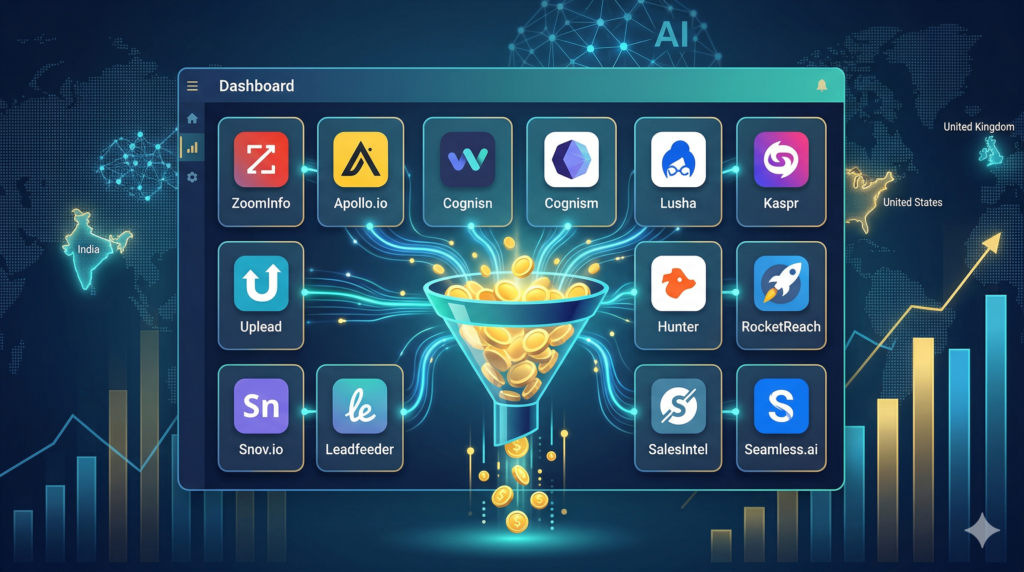 Dashboard comparison of top 12 online lead finder tools for B2B businesses showing visitor identification, intent data, and contact enrichment features.
