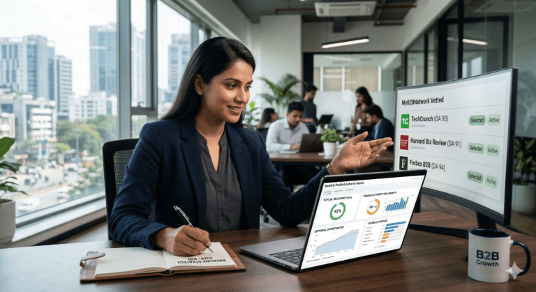 A professional digital marketer analyzing a high-quality B2B backlinks profile on a laptop to choose the right service provider in 2024.