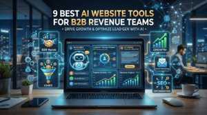 Hero image of AI tools dashboard on laptop, featuring chatbots, personalization engines, and revenue analytics for B2B marketing teams
