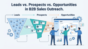 Illustration comparing leads vs prospects vs opportunities in a B2B sales outreach funnel with marketers analyzing CRM data.