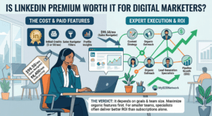 Balanced scale comparing LinkedIn Premium features vs ROI for digital marketers with subscription pricing, InMail icons, and growth charts on opposing sides.