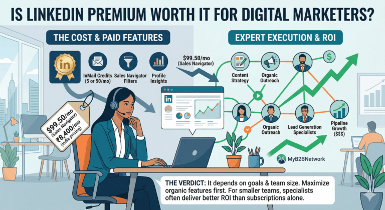 Balanced scale comparing LinkedIn Premium features vs ROI for digital marketers with subscription pricing, InMail icons, and growth charts on opposing sides.