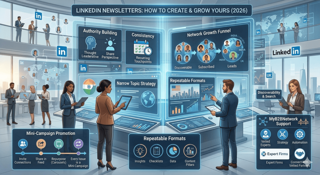 LinkedIn newsletter dashboard showing content creation, subscriber growth, and B2B audience engagement analytics for marketers.