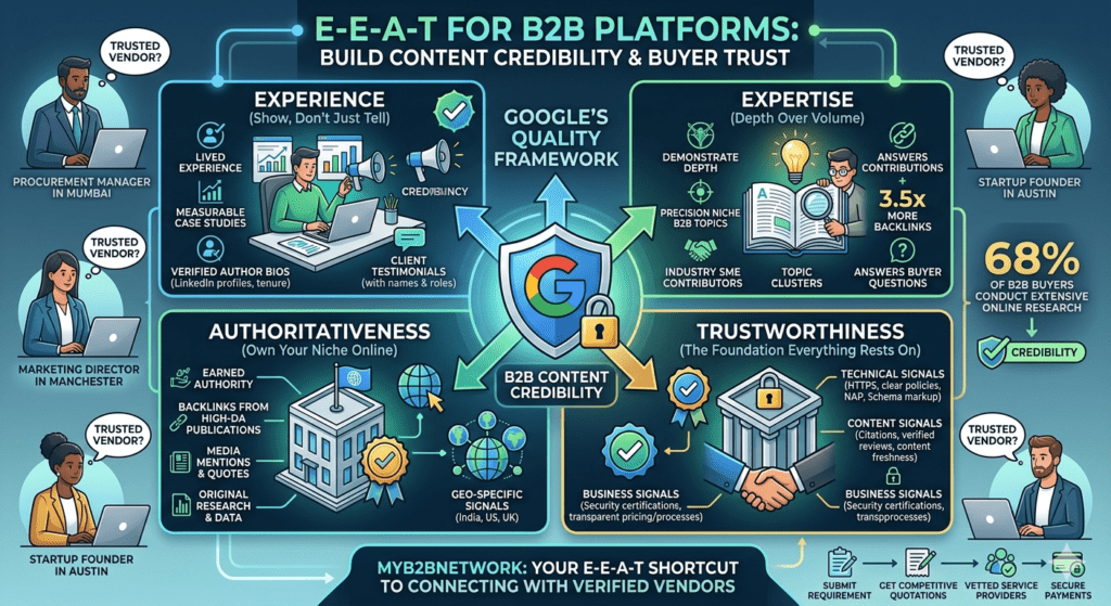 E-E-A-T for B2B platforms practical checklist infographic – MyB2BNetwork
