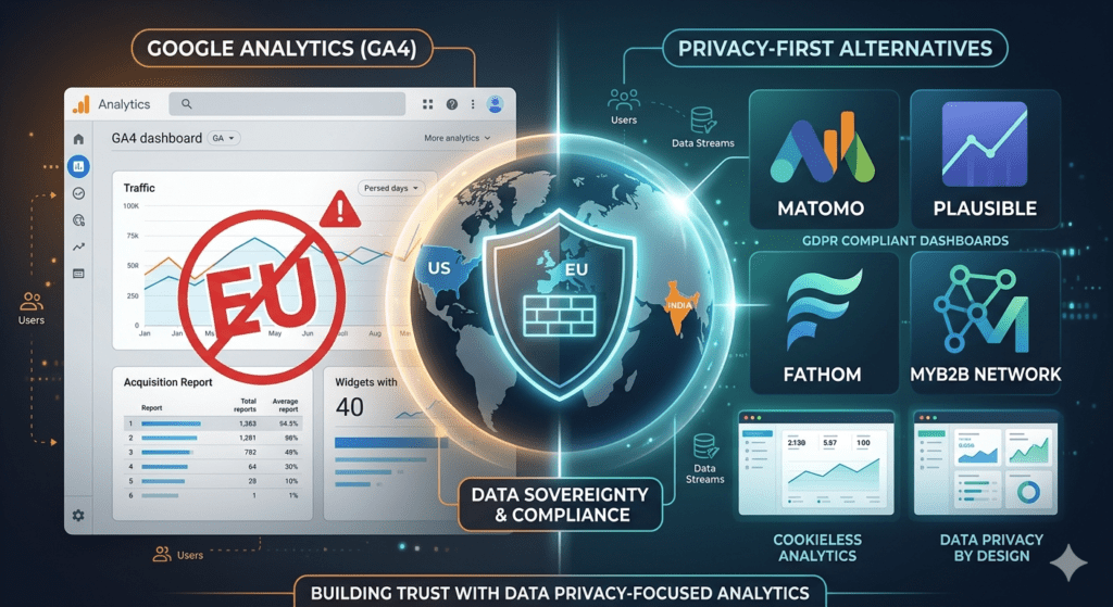 Google Analytics alternatives comparison showing GDPR-compliant tools like Matomo, Plausible, Fathom, and MyB2BNetwork for B2B marketers