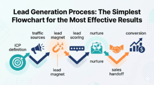 Simple B2B lead generation process flowchart showing stages from ICP definition and traffic sources through lead capture, scoring, nurture, and sales conversion