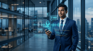 B2B voice search optimization illustration showing a marketer using smartphone voice search with SEO and digital marketing icons