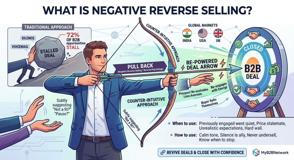 An infographic titled "What Is Negative Reverse Selling?" contrasting traditional and counter-intuitive sales approaches. On the left, a "Traditional Approach" inset shows a person struggling to push a heavy "Stalled Deal" boulder uphill. In the center, a confident salesperson pulls back a bowstring, illustrating the concept of "pulling back" (using reverse psychology). This action powers an arrow that shoots forward into a target labeled "Closed B2B Deal." Text along the arrow explains that this technique prompts prospects to re-evaluate, re-engage with energy, and sell themselves. The infographic includes brief bullet points on when and how to use the tactic, global market icons for India, the USA, and the UK