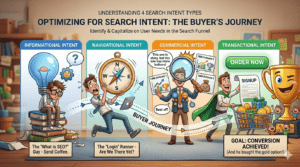Four search intent types diagram showing informational, navigational, commercial, and transactional stages mapped to B2B content formats and conversion goals.