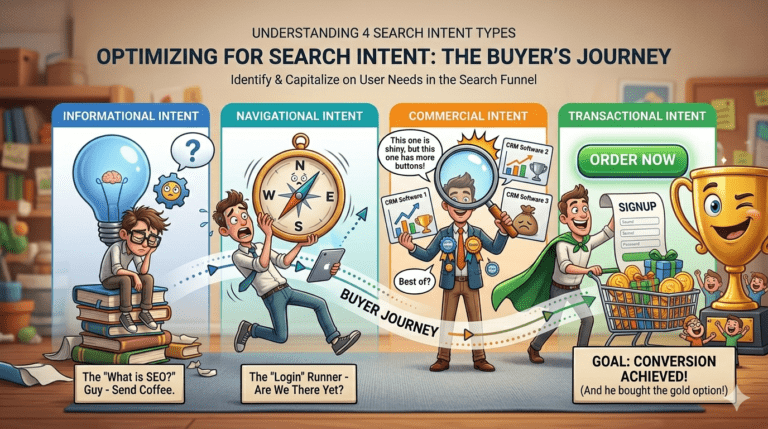 Four search intent types diagram showing informational, navigational, commercial, and transactional stages mapped to B2B content formats and conversion goals.