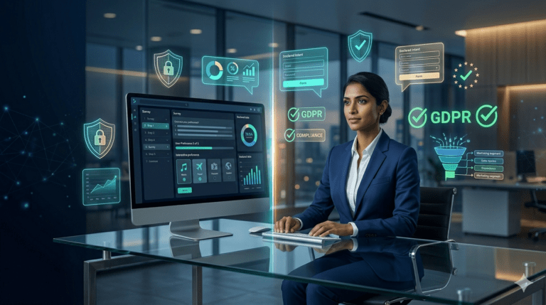 Zero-party data collection strategy illustration showing B2B marketer using preference forms, surveys, and trust-based lead capture tools