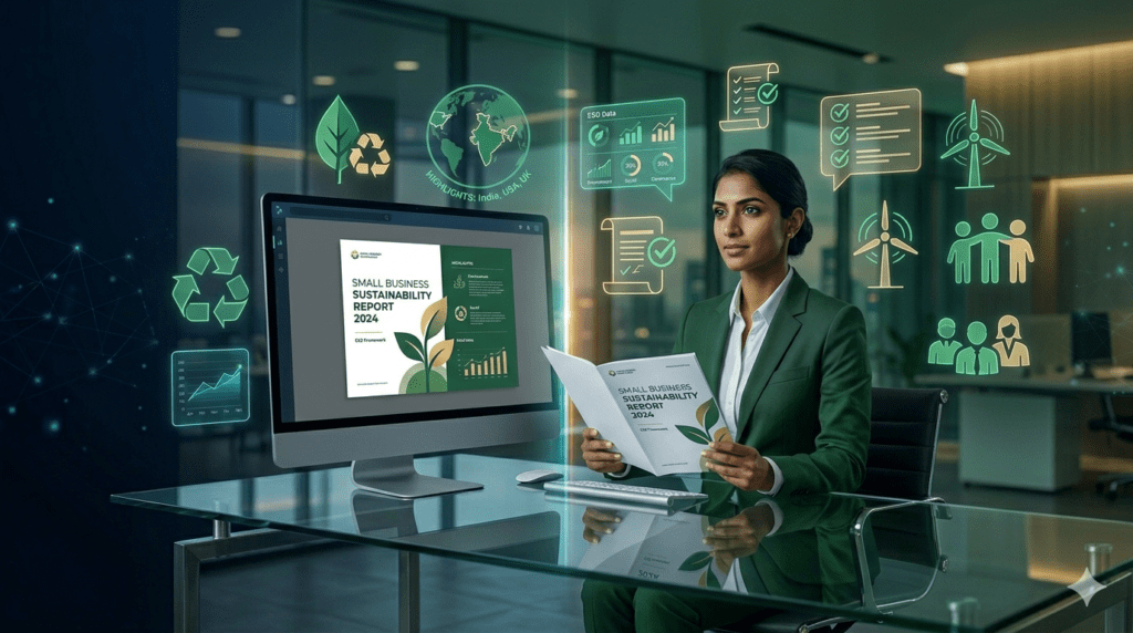 Sustainability reporting for SMBs showing ESG framework pillars Environmental, Social, and Governance for small business compliance