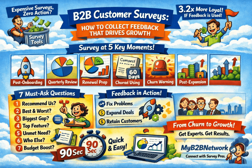 B2B customer survey dashboard showing feedback insights, response rates, and revenue impact metrics for customer success teams.