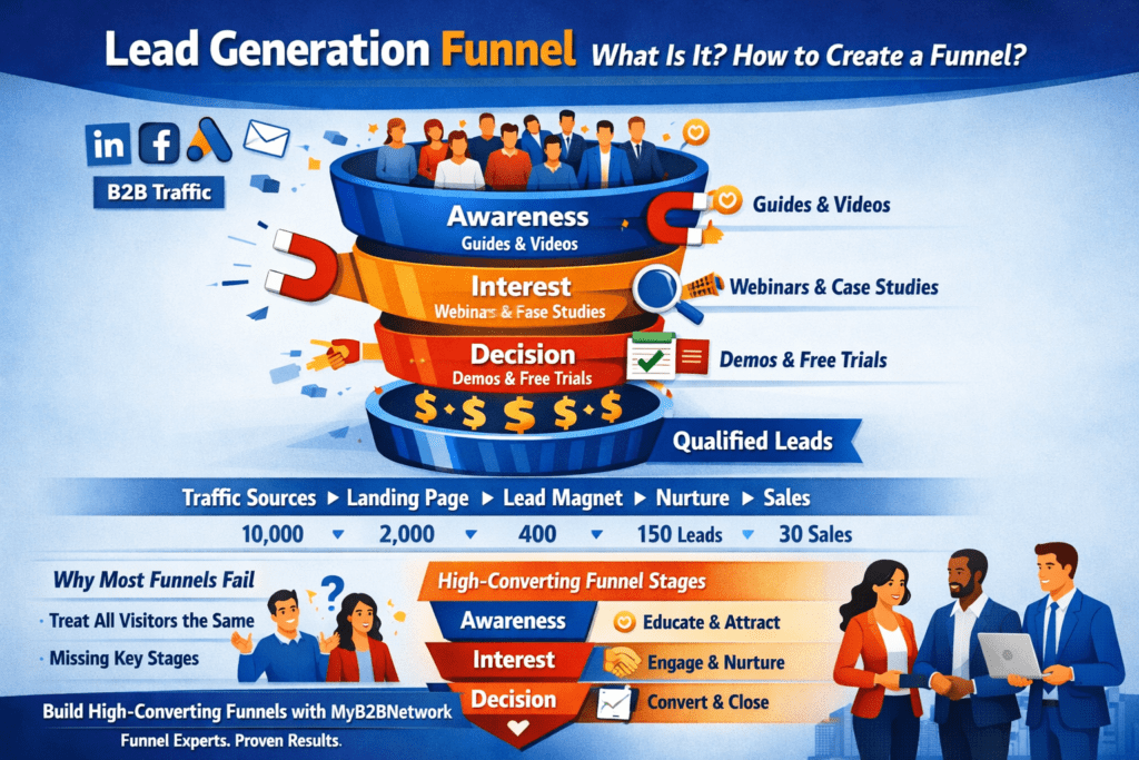 Complete lead generation funnel visualization showing awareness, interest, decision stages with conversion metrics and multichannel traffic sources.
