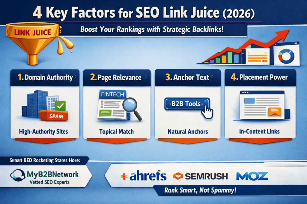 Link juice flow visualization showing authority transfer from high-DA domains through optimized anchor text to target ranking pages.