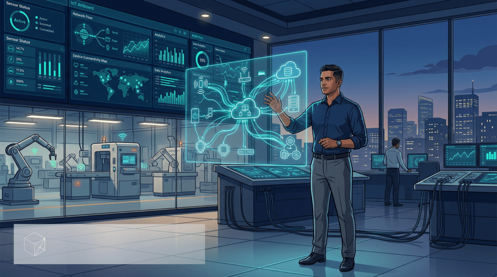IoT data management strategy dashboard showing connected sensors, real-time analytics, and smart factory infrastructure for B2B technology teams

