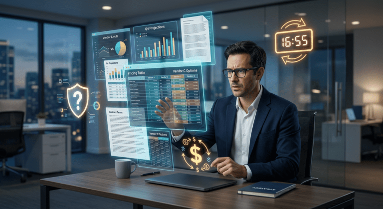 3D illustration showing B2B buyer pain points including vendor information overload, a clock symbolizing urgency, a dollar sign for pricing confusion, and a shield for trust gaps, representing common challenges in service requests.