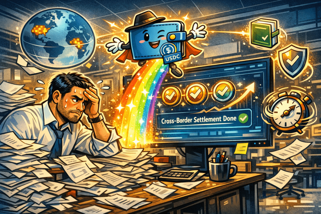 Web3 wallet integration for B2B teams — comic‑style illustration 
of a stressed ops director enjoying API‑driven crypto payments
