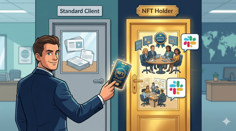 Token-gated B2B loyalty access showing NFT holders unlocking exclusive advisory councils, priority support, and co-creation opportunities unavailable to standard enterprise clients