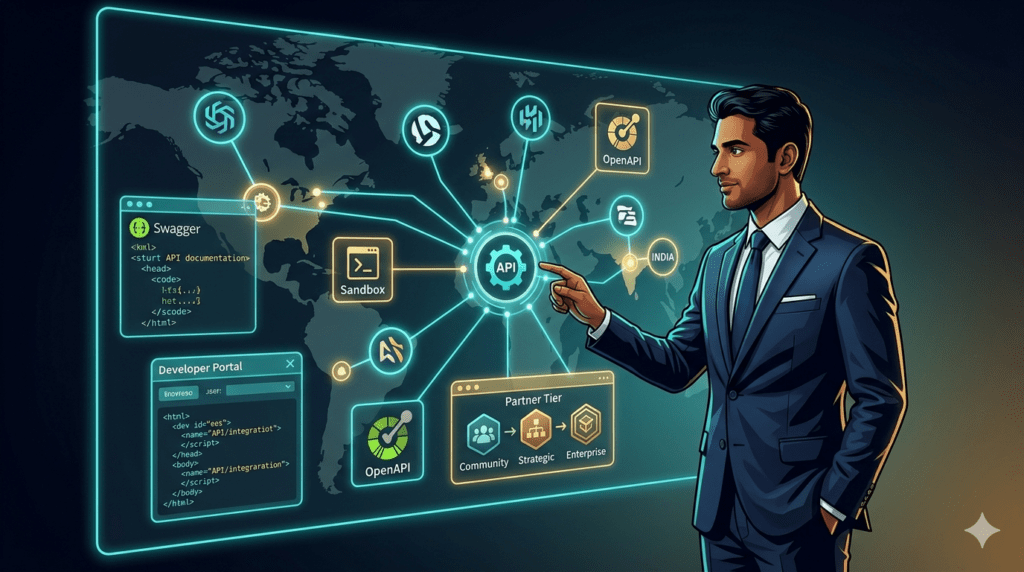 API-first partnership ecosystem diagram showing B2B platform hub 
connected to partner network via open APIs, Swagger documentation, 
and sandbox testing for partnership directors and biz dev VPs