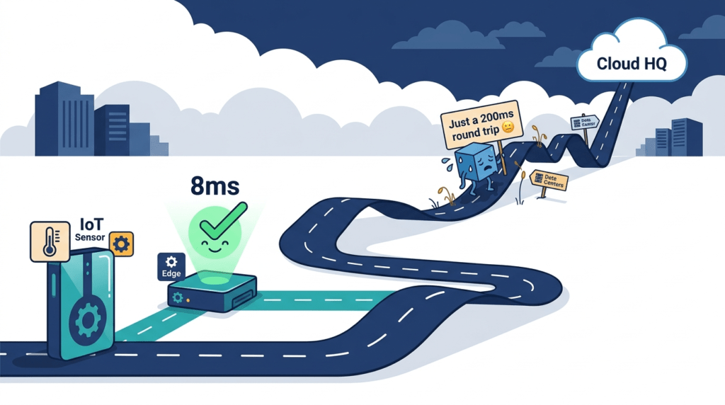 Edge computing for B2B IoT deployment showing industrial gateway 
processing real-time sensor data locally with low-latency dashboard 
for IoT product managers and operations engineers