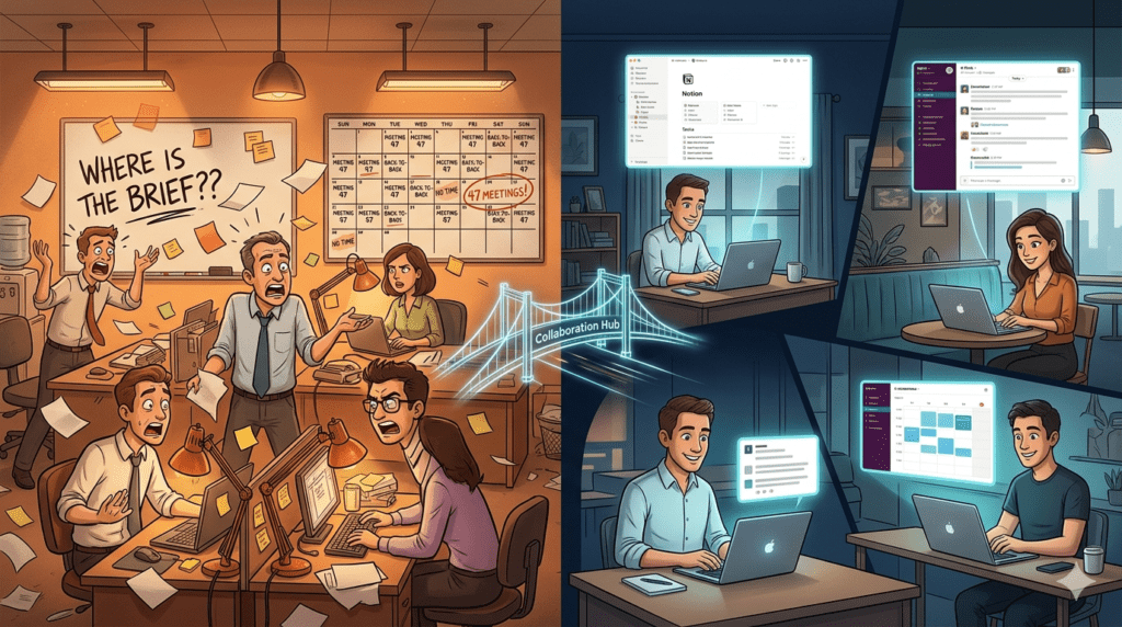 Hybrid work collaboration hub illustration showing chaotic 
office communication transformed into calm async team 
collaboration through Notion and Slack for B2B teams