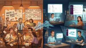 Hybrid work collaboration hub illustration showing chaotic office communication transformed into calm async team collaboration through Notion and Slack for B2B teams