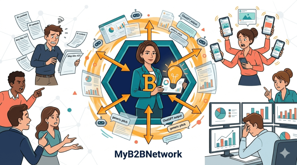 AI in B2B marketing illustration showing a confused team surrounded by content chaos while a calm CMO uses a clear signal dashboard, with MyB2BNetwork branding on a light corporate background.