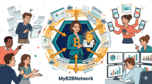 AI in B2B marketing illustration showing a confused team surrounded by content chaos while a calm CMO uses a clear signal dashboard, with MyB2BNetwork branding on a light corporate background.