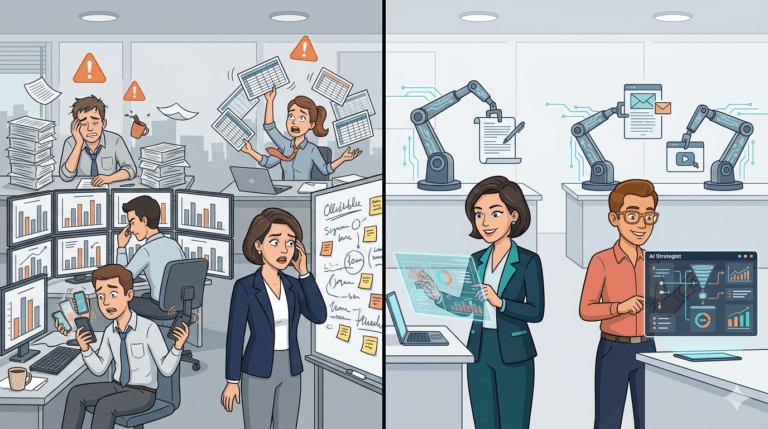Before/after B2B marketing team — five overwhelmed humans vs. two calm pros with AI replacing, corporate cartoon style