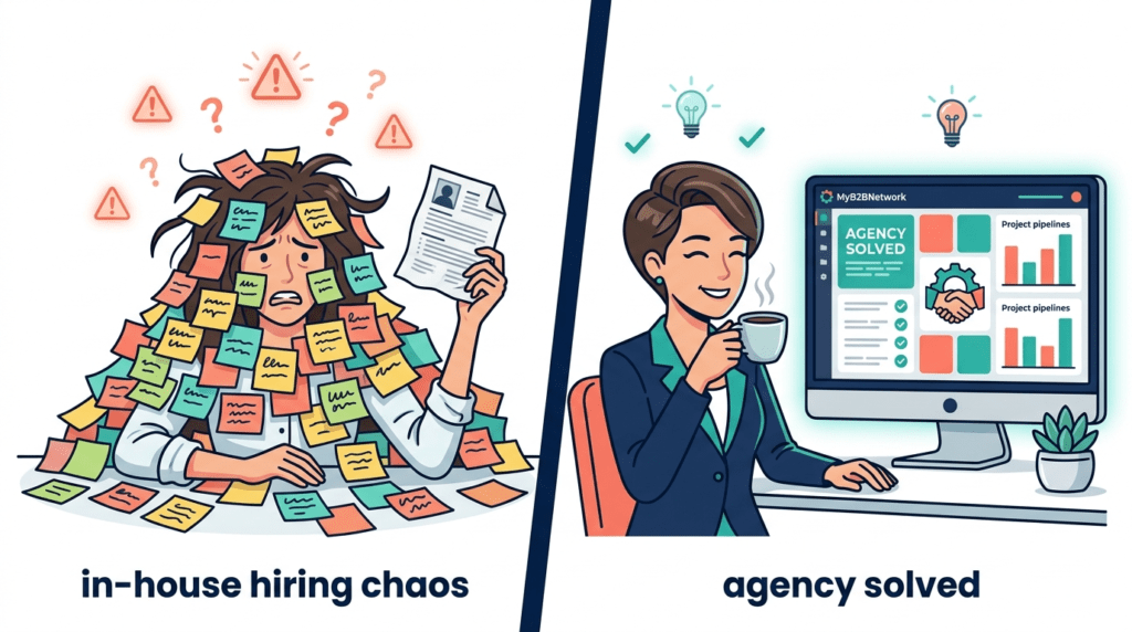 Split-screen flat corporate illustration showing the in-house vs agency debate: left side overwhelmed founder buried under sticky notes and hiring chaos, right side calm CMO 