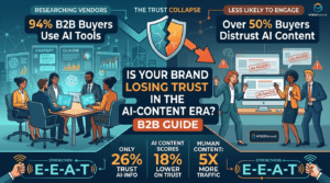 B2B infographic titled "Is Your Brand Losing Trust in the AI-Content Era?" illustrating the contrast between the 94% of B2B buyers who use AI tools for research versus the 50% who distrust pure AI-generated content. The graphic highlights key performance data showing that AI content scores 18% lower on trust, while human-reviewed content drives 5x more traffic and strengthens Google E-E-A-T signals.