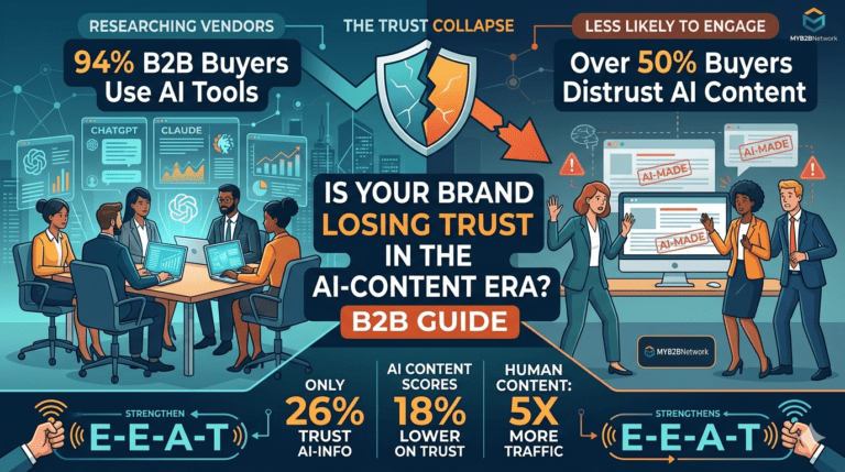 B2B infographic titled "Is Your Brand Losing Trust in the AI-Content Era?" illustrating the contrast between the 94% of B2B buyers who use AI tools for research versus the 50% who distrust pure AI-generated content. The graphic highlights key performance data showing that AI content scores 18% lower on trust, while human-reviewed content drives 5x more traffic and strengthens Google E-E-A-T signals.