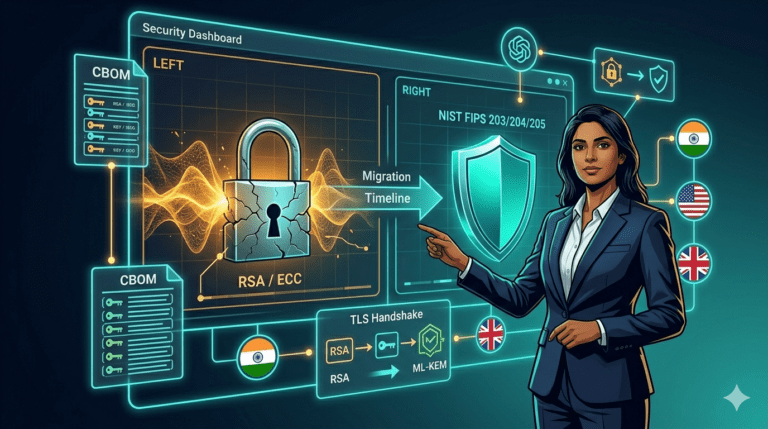 Quantum-safe encryption migration dashboard for B2B teams showing NIST post-quantum cryptography standards FIPS 203 204 205 migration path for CISOs and security architects
