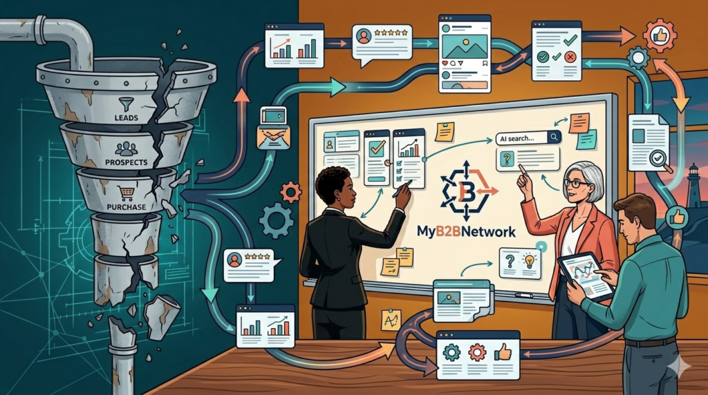 Traditional funnel model breaking into a non-linear buyer journey map with content nodes, decision loops, and strategists planning together, branded with MyB2BNetwork.